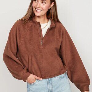 Old Navy Oversized Sherpa Half-Zip Cropped Sweatshirt  Super  Soft Size XS Brown